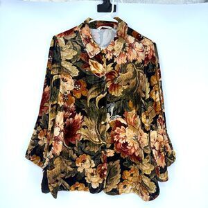 Soft Surroundings Icon Silk Velvet Poets Tunic Shirt Floral Art to Wear Size PL